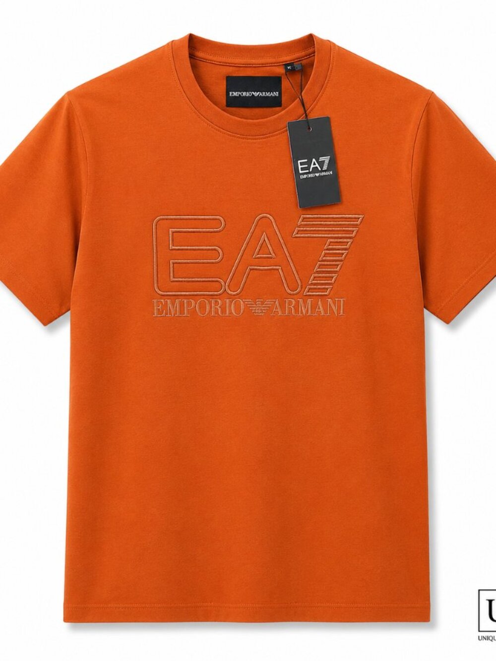 EA7 Emporio Armani Men’s Orange Logo T-Shirt NWT | Embroidered Crew Neck Tee  De